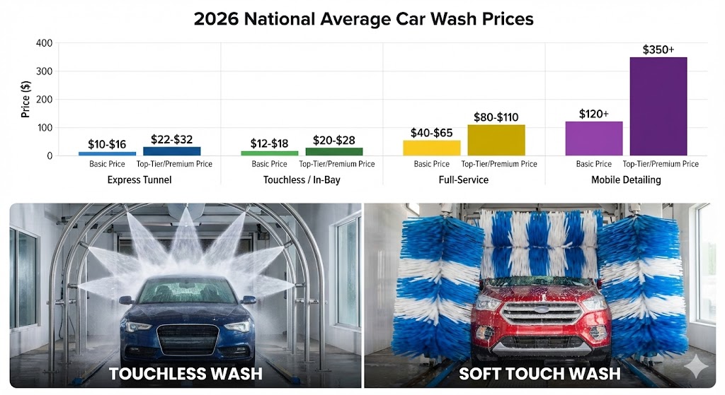 Car Wash Prices: Detailed bar chart showing 2026 car wash price ranges for express, touchless, full service, and detailing