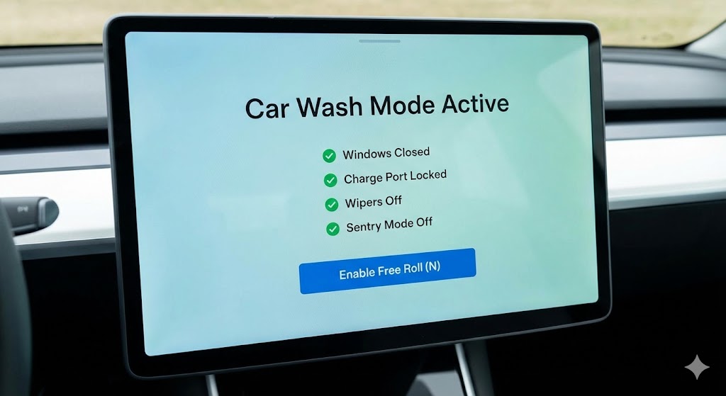 Tesla Car Wash Guide: Tesla Center Screen displaying Car Wash Mode interface with green checkmarks and Enable Free Roll button