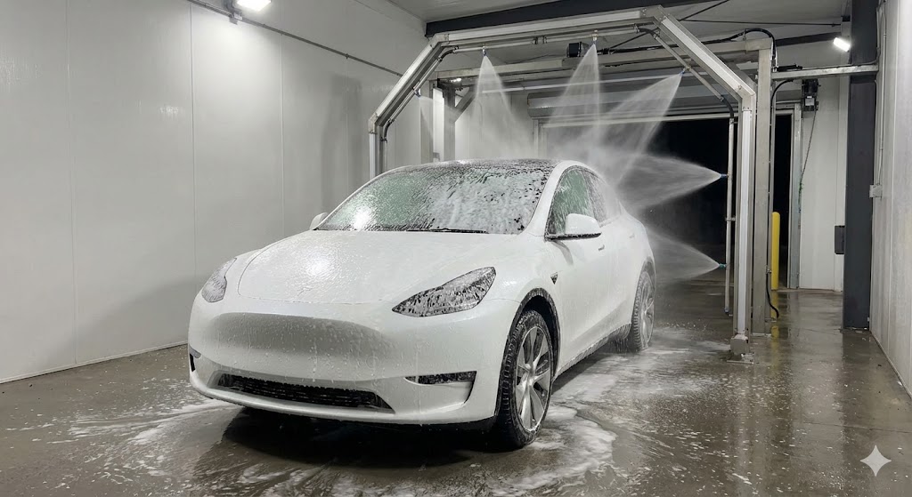 Tesla Car Wash Guide: A white Tesla Model Y sitting in a touchless car wash bay covered in thick white foam