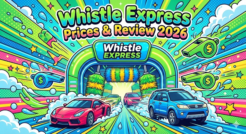 Whistle Express Car Wash Prices: Vibrant illustration of a Whistle Express Car Wash tunnel with green branding and fast moving cars