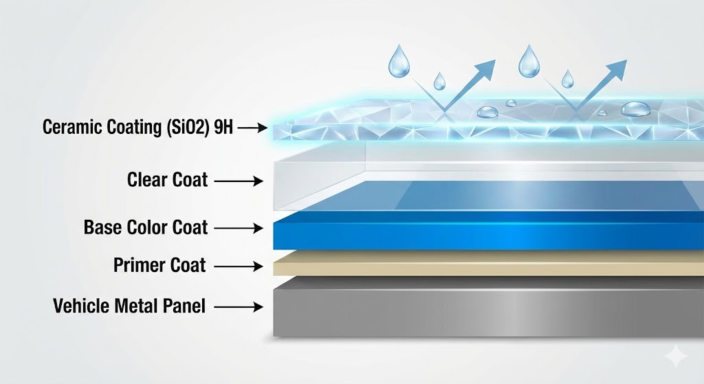 Ceramic Coating Cost: Infographic diagram showing the cross-section of automotive paint layers: Vehicle Metal, Primer, Base Color Coat, Clear Coat, and the Ceramic Coating (SiO2) layer sitting on top, finished with a Hydrophobic Top Coat.