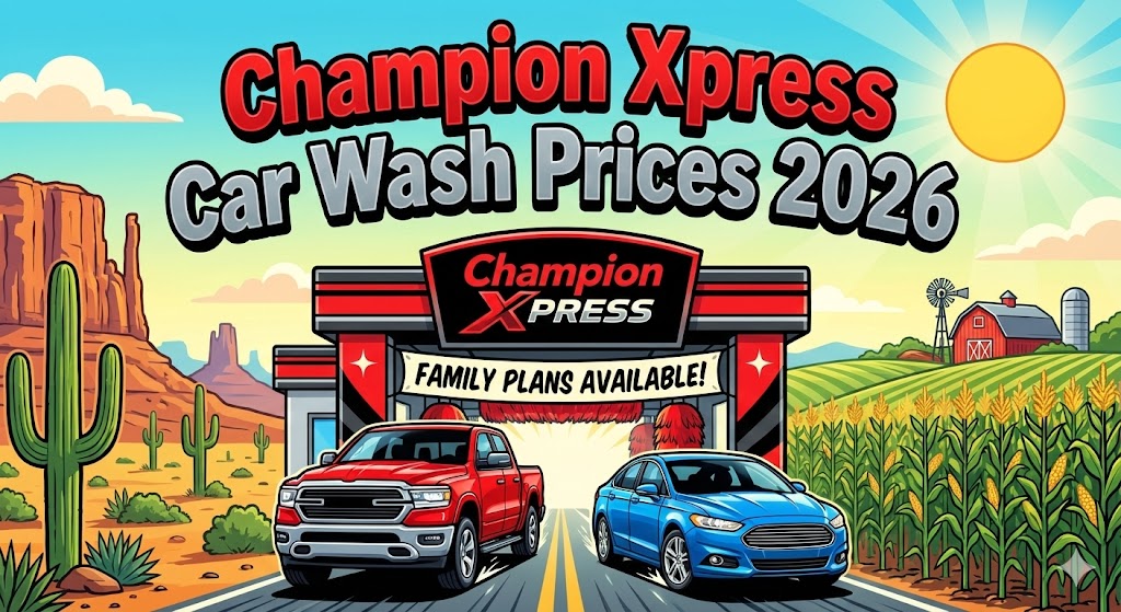 Champion Xpress Car Wash Prices: Champion Xpress vacuum area with red vacuum booms, a station with mat cleaners, and a cart full of clean microfiber towels