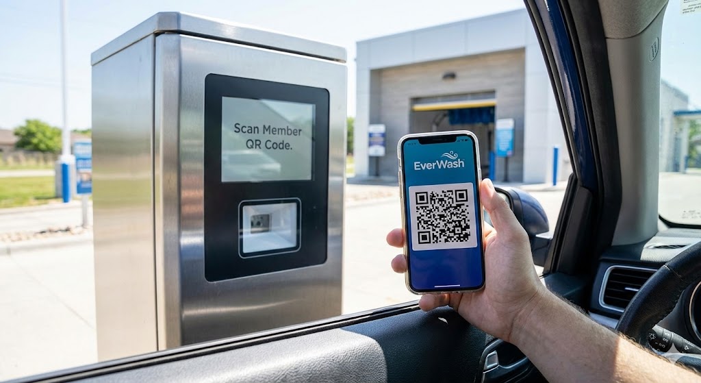 EverWash Membership Prices: A driver holding a smartphone scanning a QR code at a car wash kiosk using the EverWash app interface