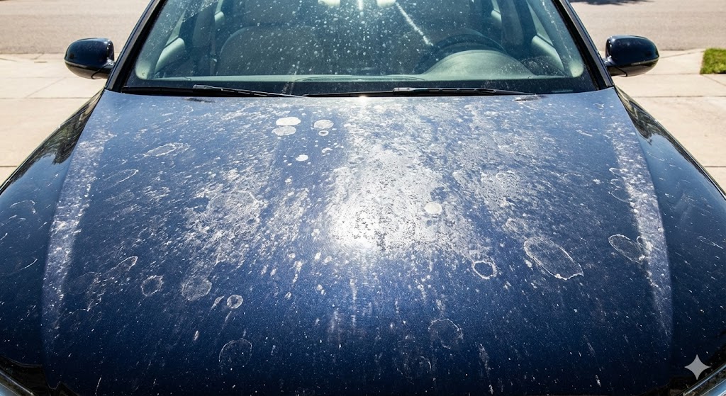 How to Remove Water Spots from Your Car: Close-up of a dark car hood covered in severe white hard water spots under bright sunlight, with text overlay showing title