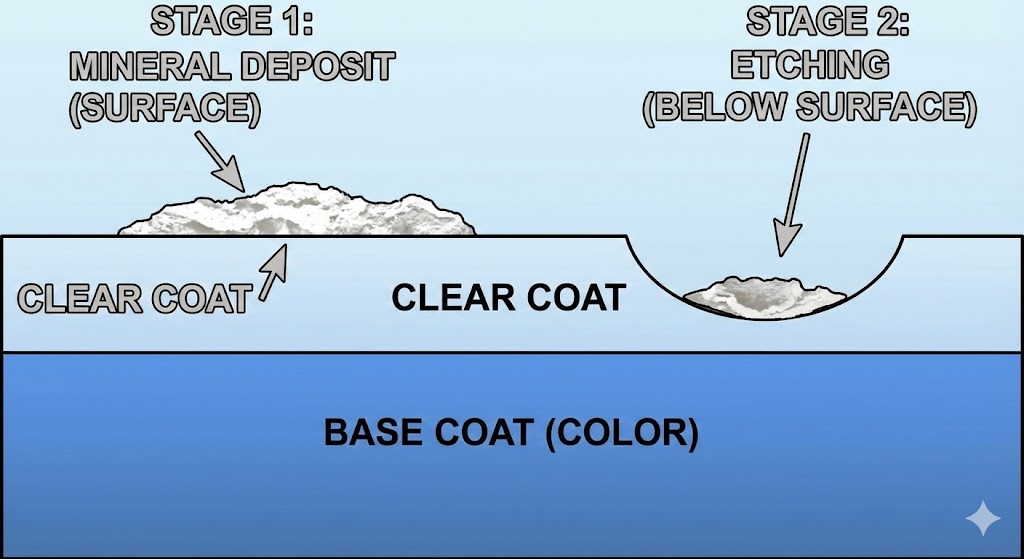 How to Remove Water Spots from Your Car: Technical diagram showing a cross-section of car paint layers (Primer, Base Coat, Clear Coat). Left side shows a Stage 1 mineral deposit sitting on top of the clear coat. Right side shows a Stage 2 etching indented into the clear coat.