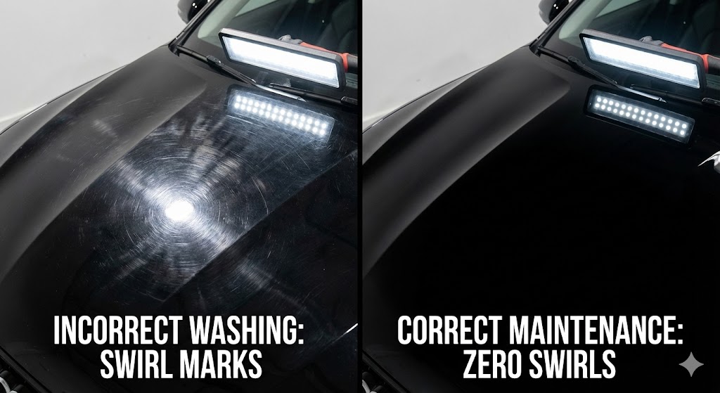 How to Wash a Black Car: Split screen comparison on a black hood. Left side: Dull paint full of circular swirl marks. Right side: Corrected paint with deep black reflection.