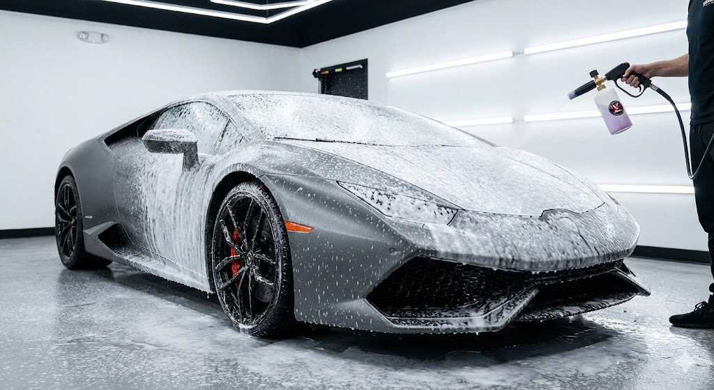 How to Wash a Wrapped Car (Vinyl & Matte): A sleek matte grey wrapped car being carefully hand-washed with rich foam, highlighting safe cleaning methods