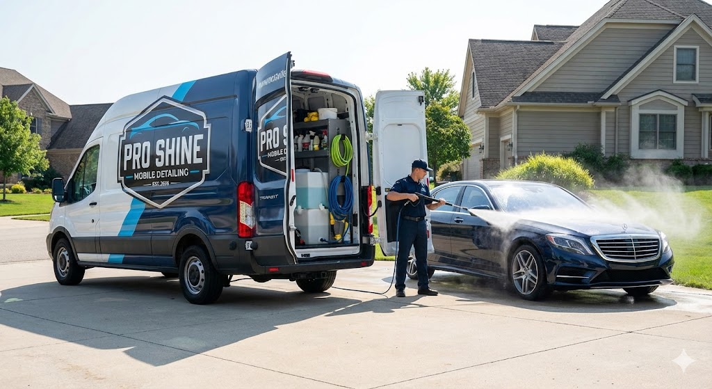 Mobile Car Detailing Prices: A professional mobile detailing van parked in a residential driveway with a detailer cleaning a luxury car using a pressure washer