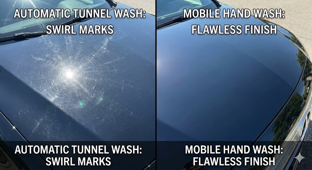 Mobile Car Wash Prices: Comparison image: Left side shows a car with swirl marks under sunlight from a tunnel wash; Right side shows a flawless paint finish from a hand wash