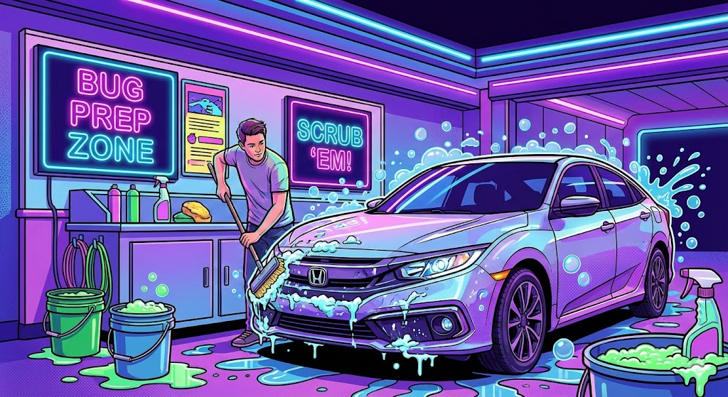 ModWash Prices: A driver using a soapy brush to scrub the front bumper of their car at a neon-lit DIY Bug Prep Zone station at ModWash before entering the tunnel.