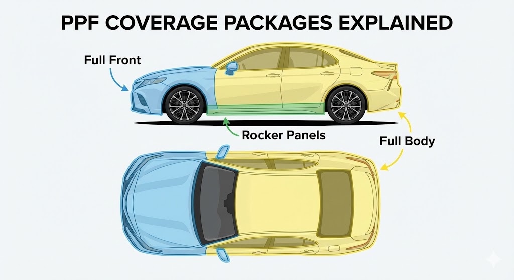 Paint Protection Film Cost: Split screen comparison: Left side shows a car hood with rock chips and paint damage; Right side shows a flawless hood protected by invisible PPF film.