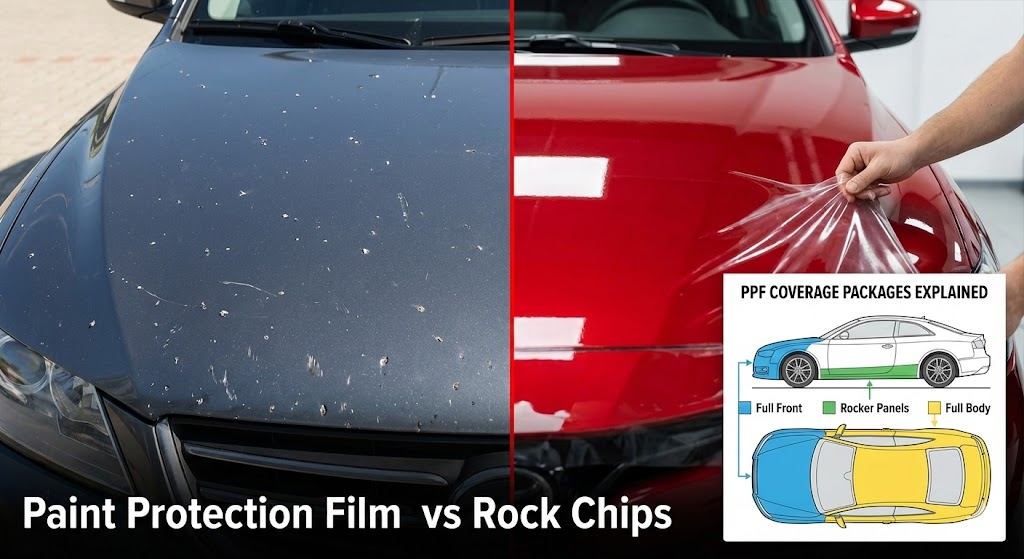 Paint Protection Film Cost: Infographic diagram of a car highlighting the different PPF coverage zones: Full Front, Rocker Panels, and Full Body.