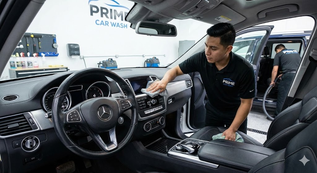 Prime Car Wash Prices: Prime Car Wash staff member wiping down the dashboard and vacuuming the interior of a luxury sedan in the finishing bay