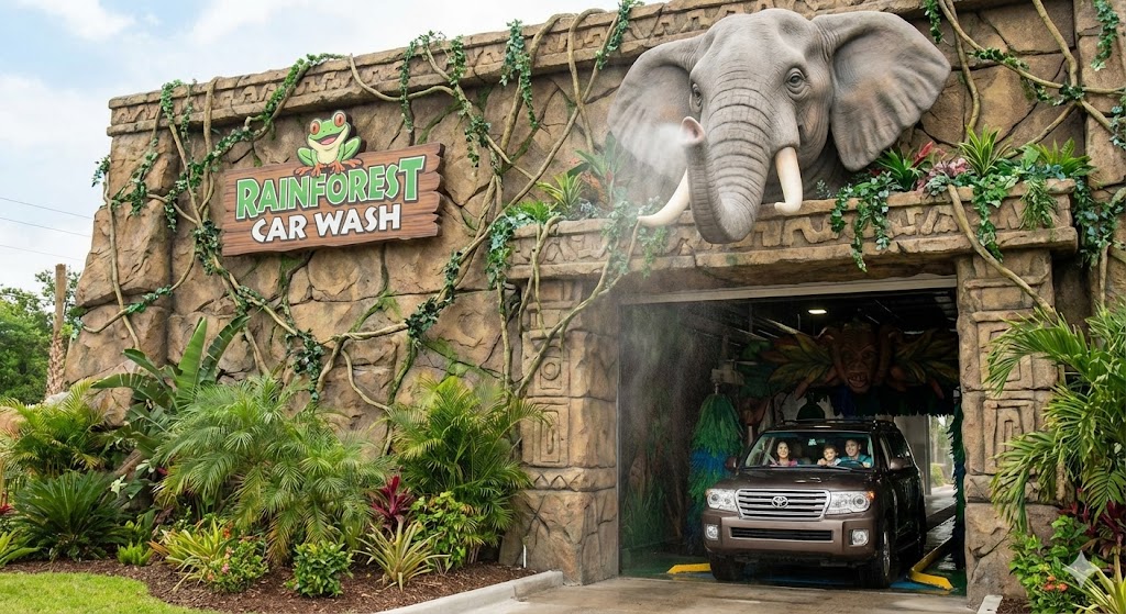 Rainforest Car Wash Prices: The entrance of Rainforest Car Wash designed to look like a jungle temple with lush greenery and animatronic animals visible
