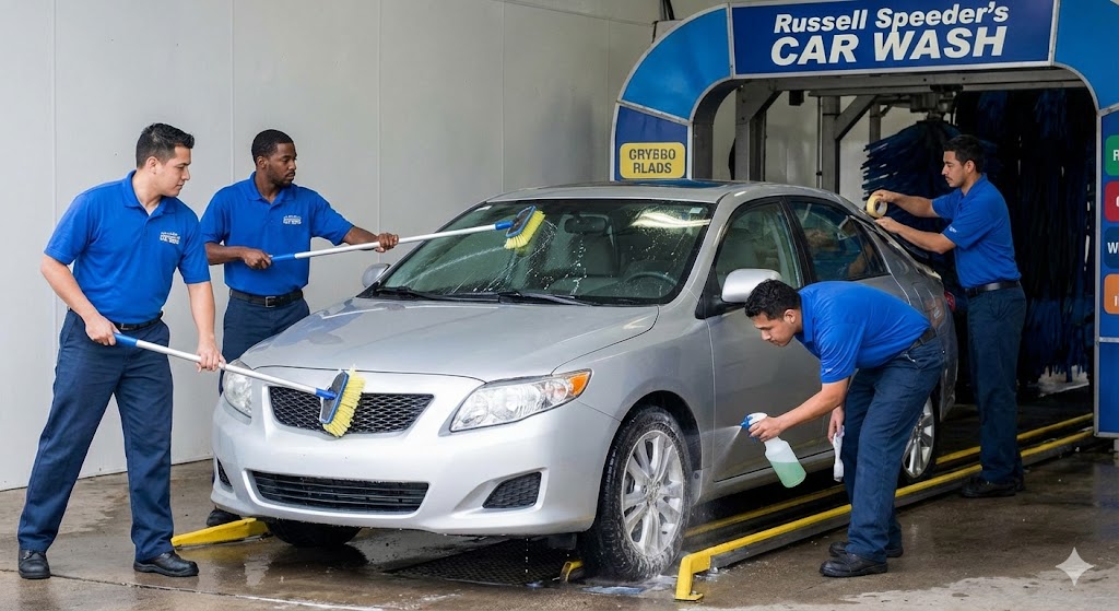 Russell Speeder’s Car Wash Prices: Russell Speeder's employees in uniform performing a pre-wash scrub on a vehicle's grill and windshield before it enters the tunnel