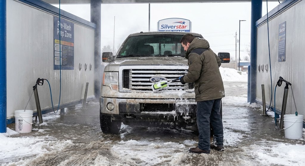 Silverstar Car Wash Prices: A driver using a soapy brush at a Silverstar Car Wash outdoor prep station to scrub the front grille of a truck before entering the tunnel