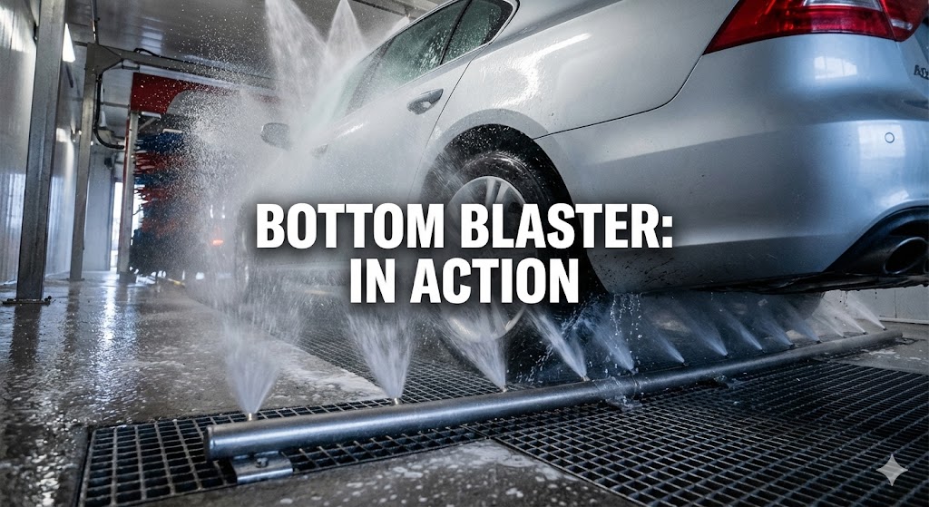 Upward facing high pressure water nozzles spraying the bottom of a vehicle in an automatic car wash tunnel