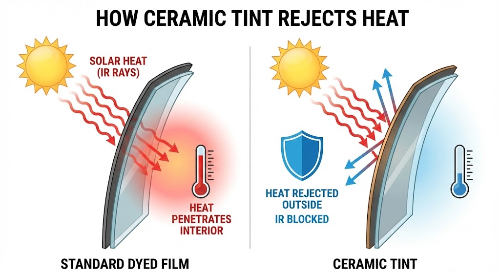 Window Tinting Prices: A visual guide showing 5%, 20%, 35%, and 50% window tint shades on four different car windows side-by-side.