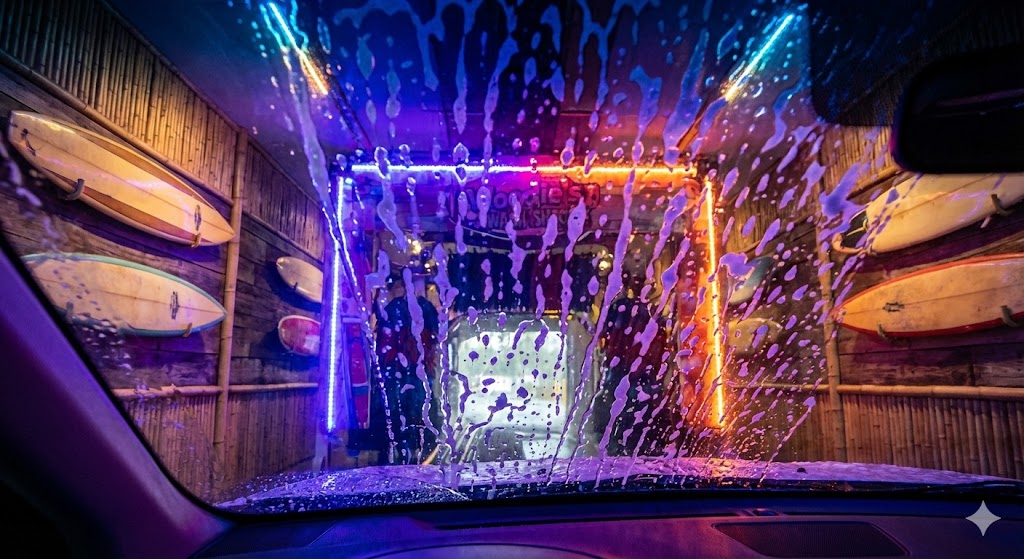 Woodie's Wash Shack Prices: Inside the Woodie's Wash Shack tunnel featuring colorful LED lighting, surfboard decorations on the walls, and thick soapy foam